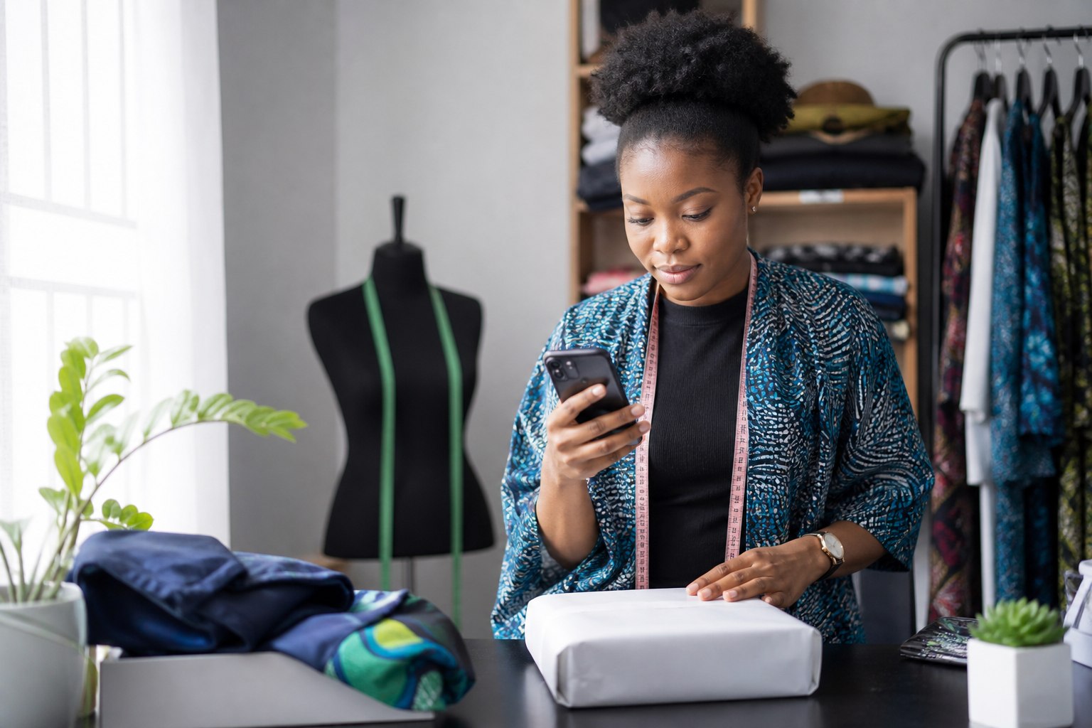 A Nigerian business owner checking a payment on her phone while preparing an order